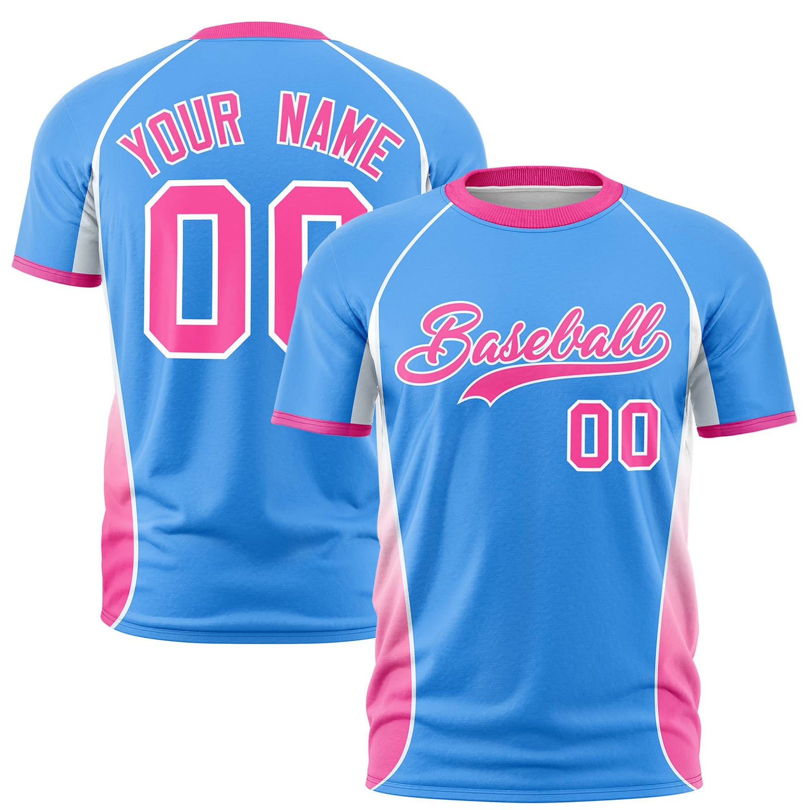Custom Powder Blue White-Pink Crew neck Side Gradient Fashion Performance T-Shirt