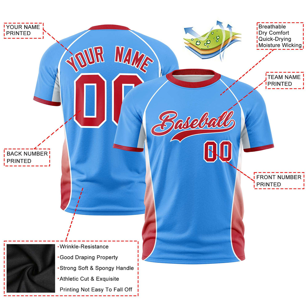 Custom Powder Blue White-Red Crew neck Side Gradient Fashion Performance T-Shirt