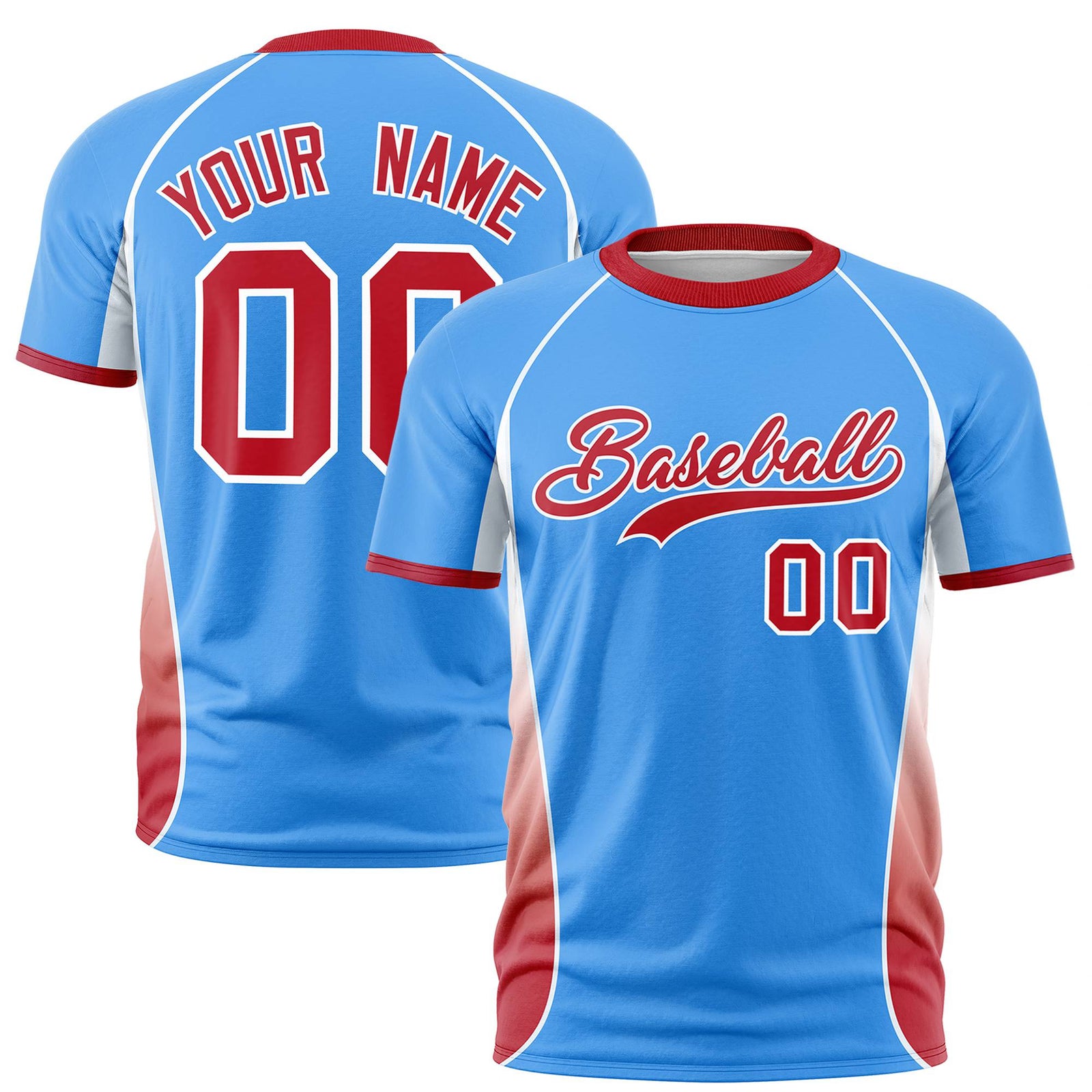 Custom Powder Blue White-Red Crew neck Side Gradient Fashion Performance T-Shirt