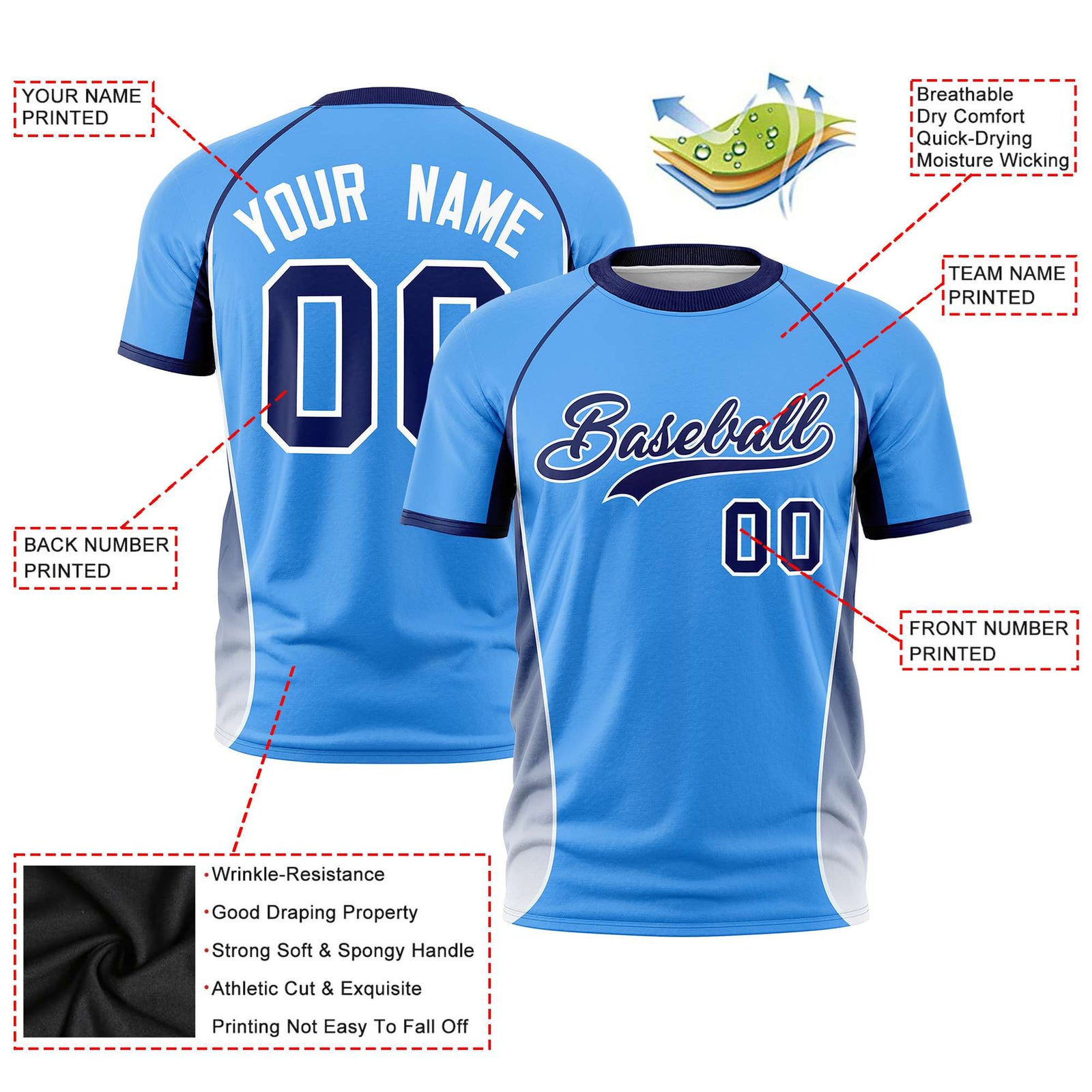 Custom Powder Blue Navy-White Crew neck Side Gradient Fashion Performance T-Shirt