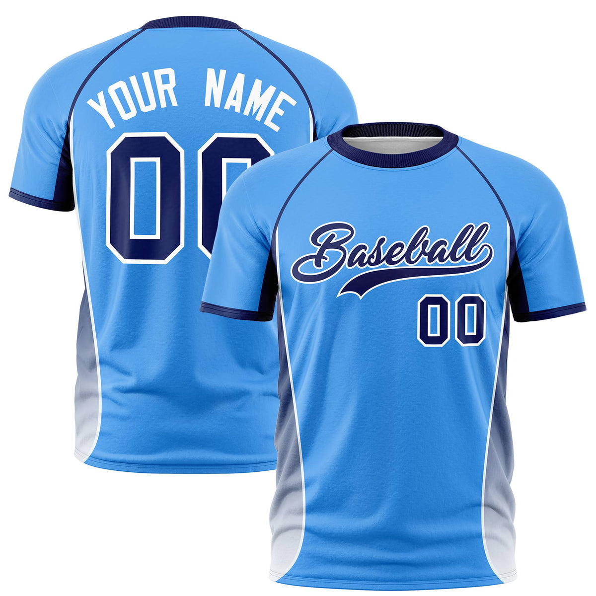 Custom Powder Blue Navy-White Crew neck Side Gradient Fashion Performance T-Shirt