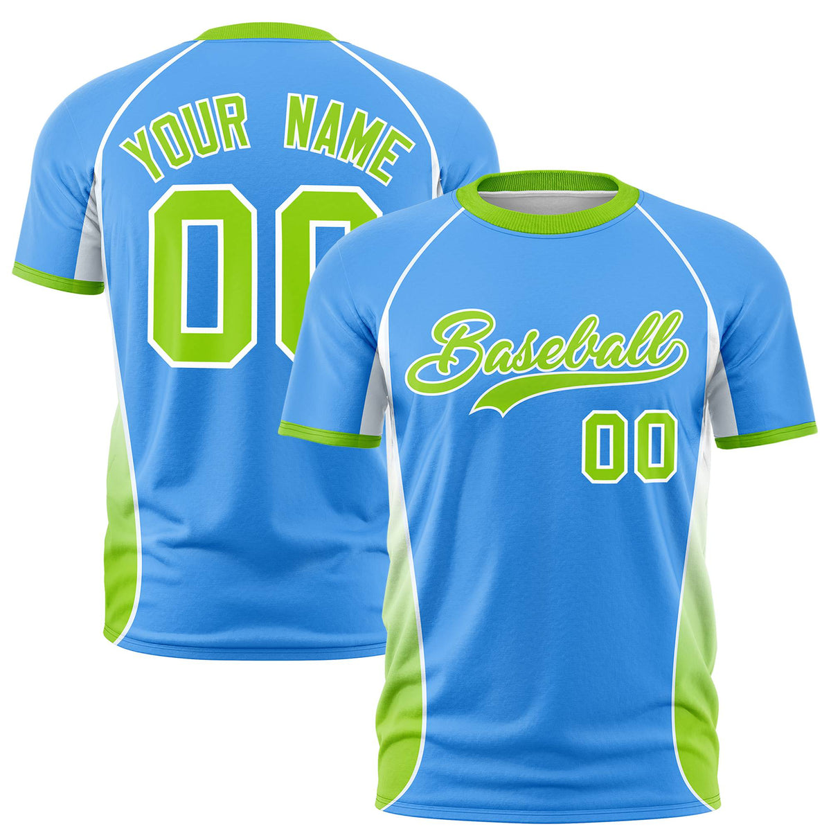 Custom Powder Blue White-Neon Green Crew neck Side Gradient Fashion Performance T-Shirt