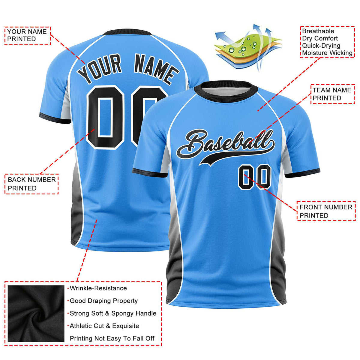 Custom Powder Blue White-Black Crew neck Side Gradient Fashion Performance T-Shirt