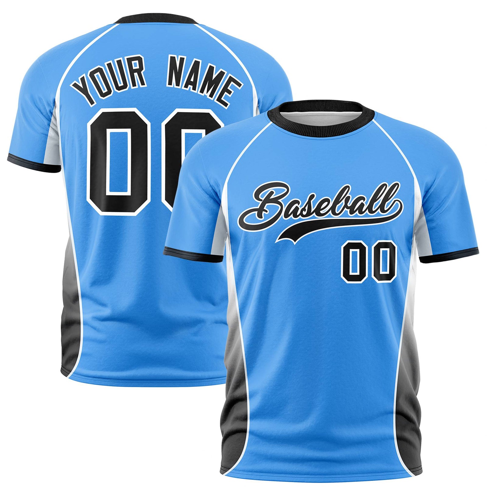 Custom Powder Blue White-Black Crew neck Side Gradient Fashion Performance T-Shirt