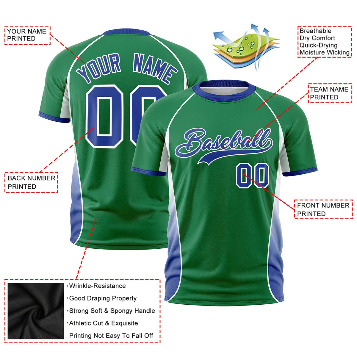 Custom Kelly Green White-Royal Blue Crew neck Side Gradient Fashion Performance T-Shirt