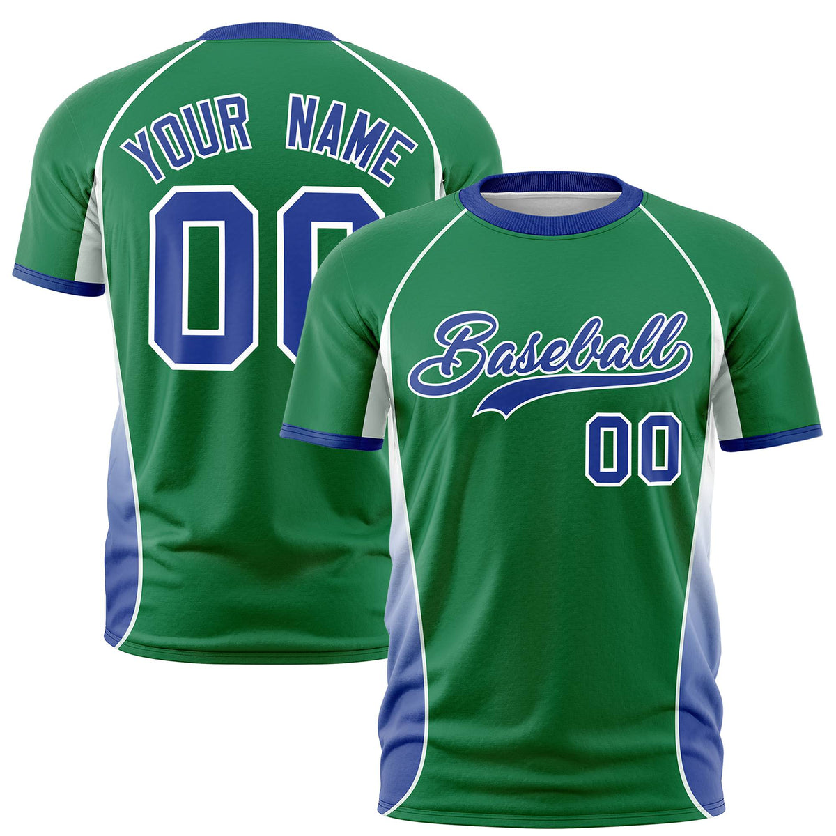 Custom Kelly Green White-Royal Blue Crew neck Side Gradient Fashion Performance T-Shirt