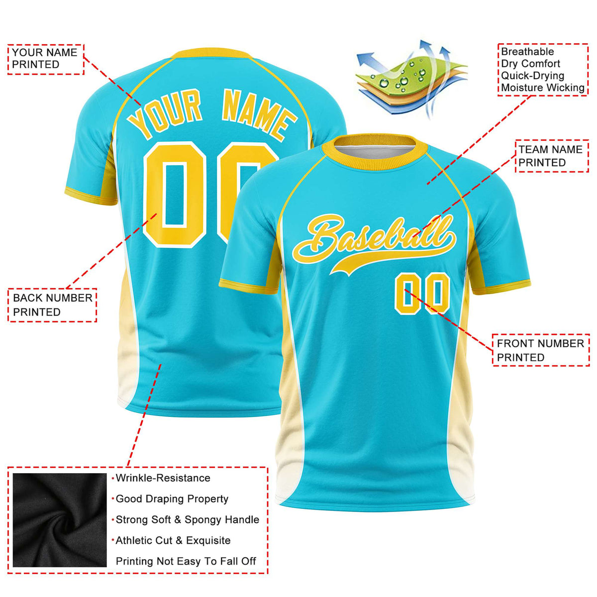Custom Sky Blue Gold 01-White Crew neck Side Gradient Fashion Performance T-Shirt