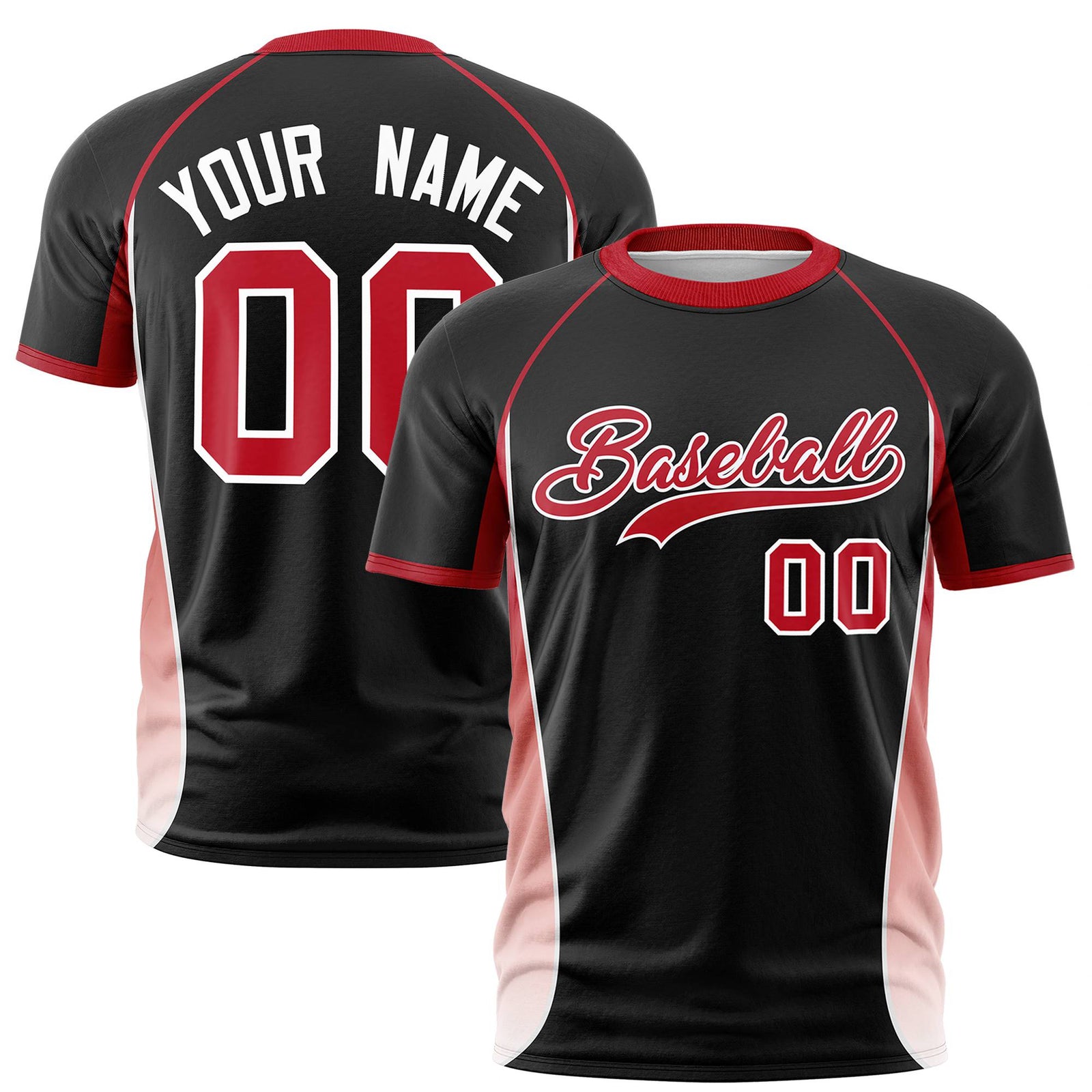 Custom Black Red-White Crew neck Side Gradient Fashion Performance T-Shirt