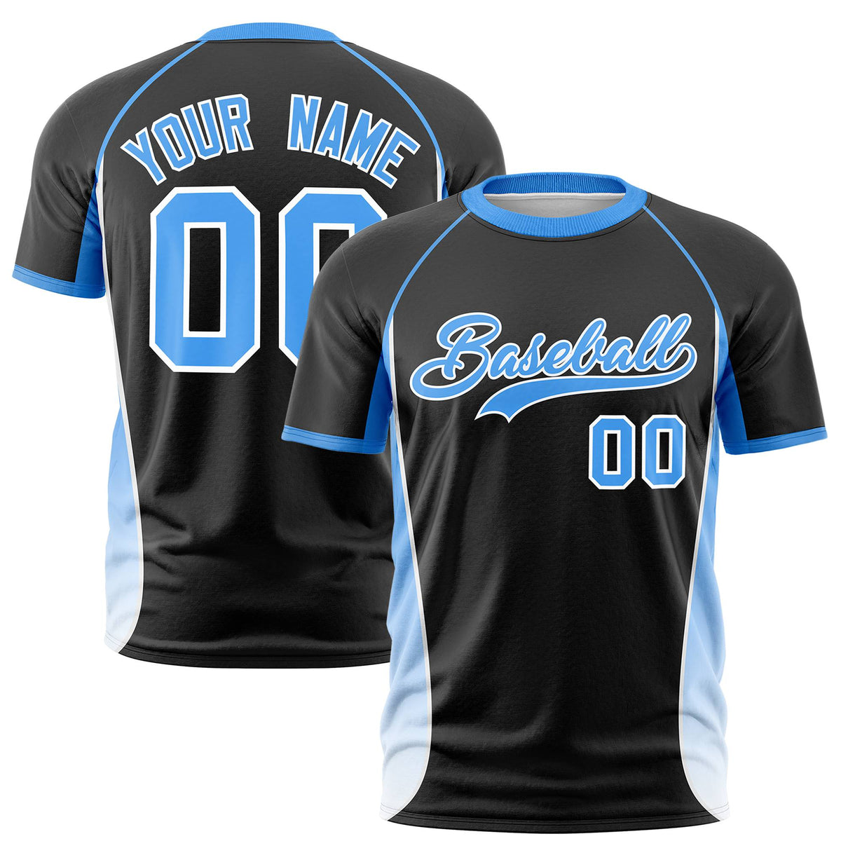 Custom Black Powder Blue-White Crew neck Side Gradient Fashion Performance T-Shirt