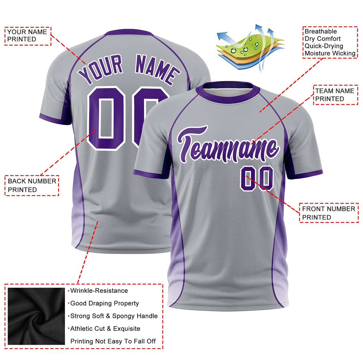 Custom Gray Purple-White Crew neck Side Gradient Fashion Performance T-Shirt