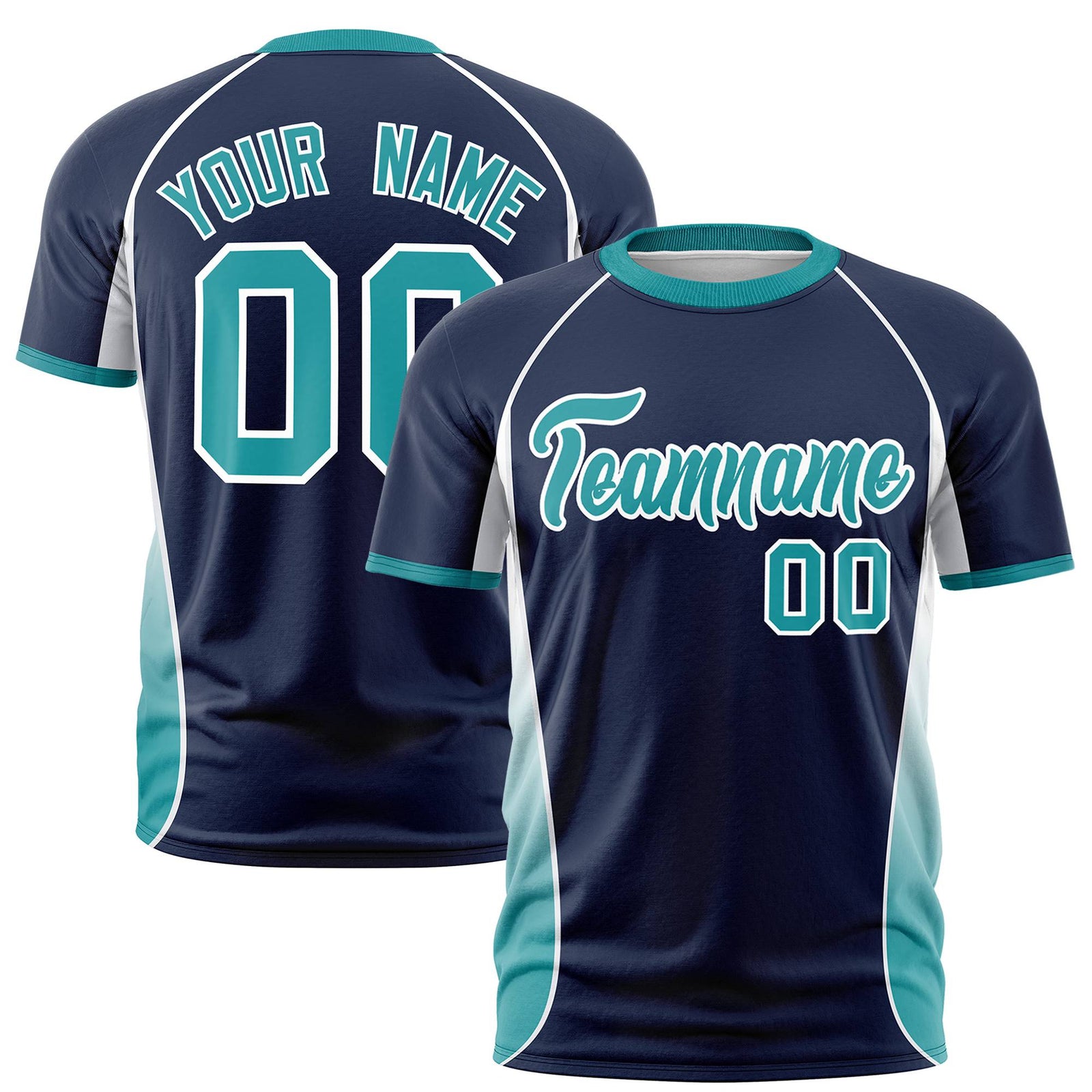 Custom Navy White-Aqua Crew neck Side Gradient Fashion Performance T-Shirt