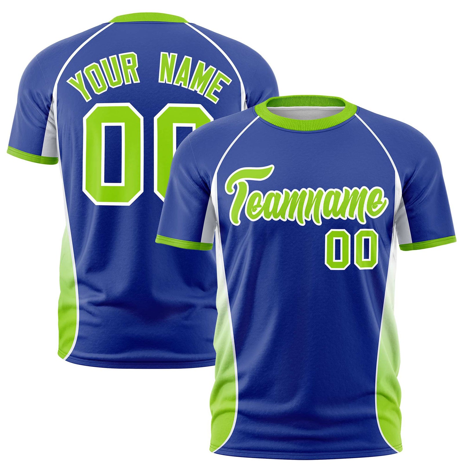 Custom Royal Blue White-Neon Green Crew neck Side Gradient Fashion Performance T-Shirt