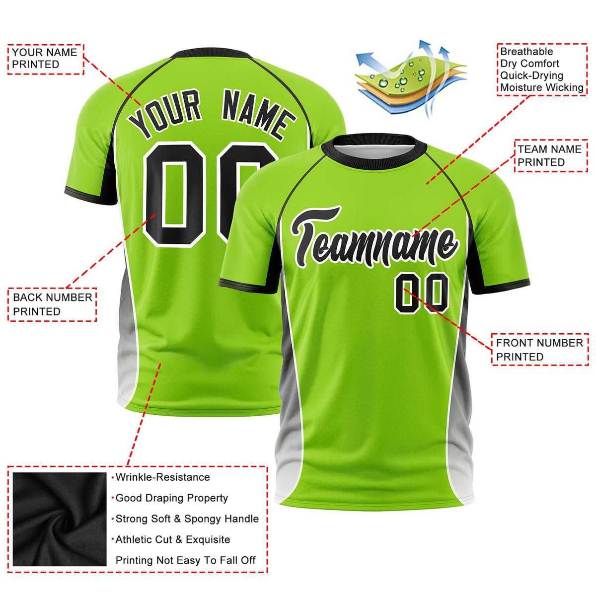 Custom Neon Green Black-White Crew neck Side Gradient Fashion Performance T-Shirt