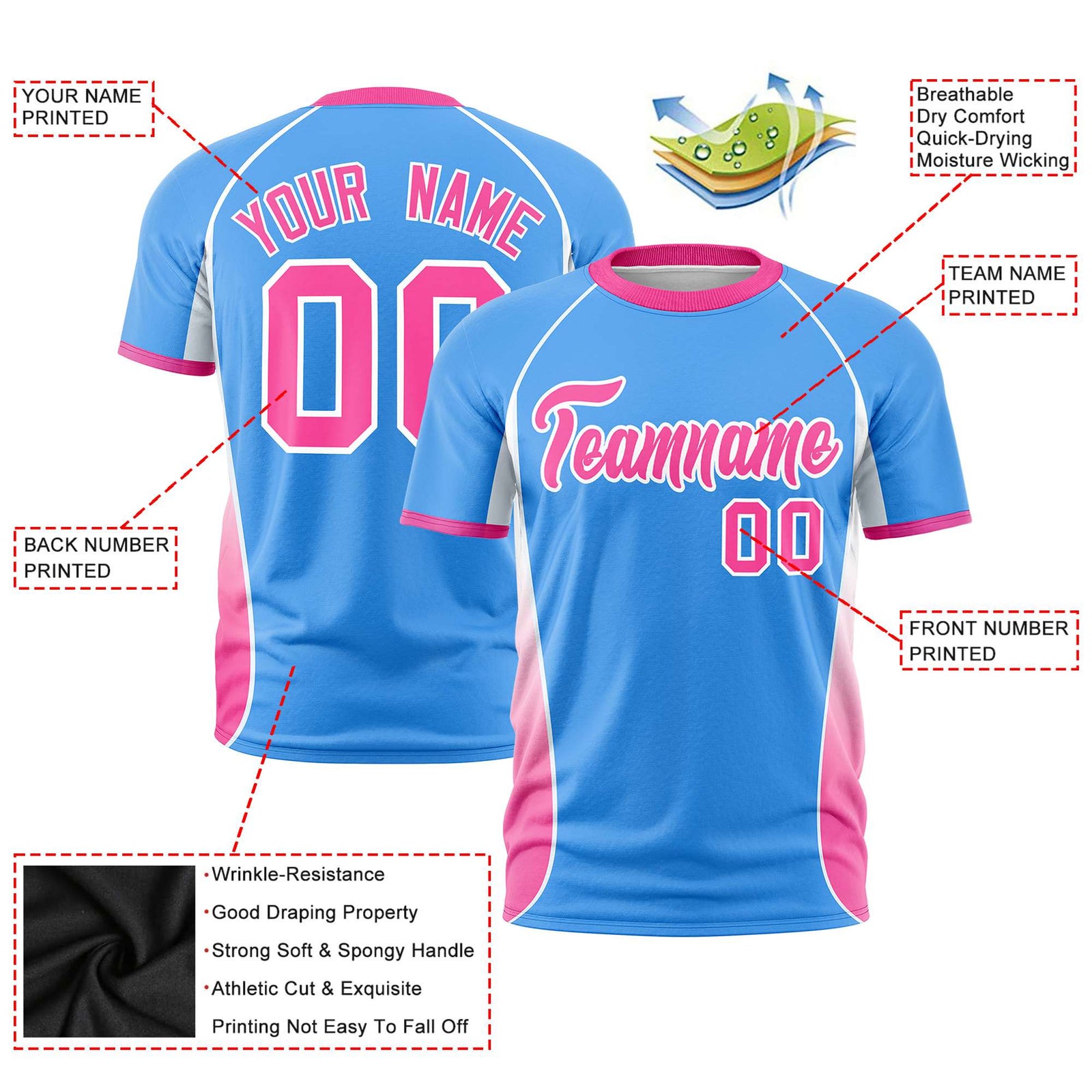 Custom Powder Blue White-Pink Crew neck Side Gradient Fashion Performance T-Shirt