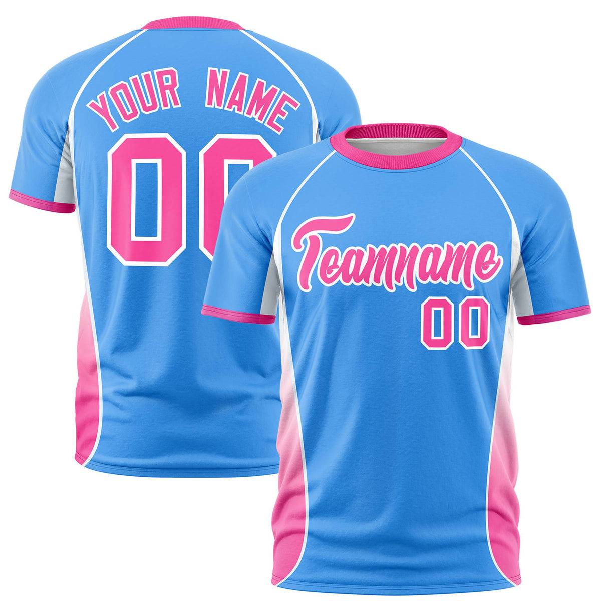 Custom Powder Blue White-Pink Crew neck Side Gradient Fashion Performance T-Shirt