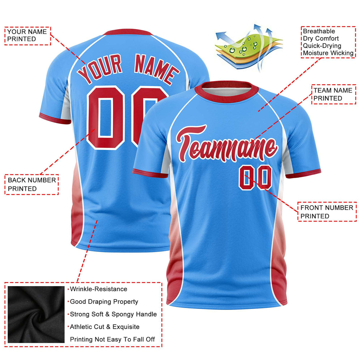 Custom Powder Blue White-Red Crew neck Side Gradient Fashion Performance T-Shirt
