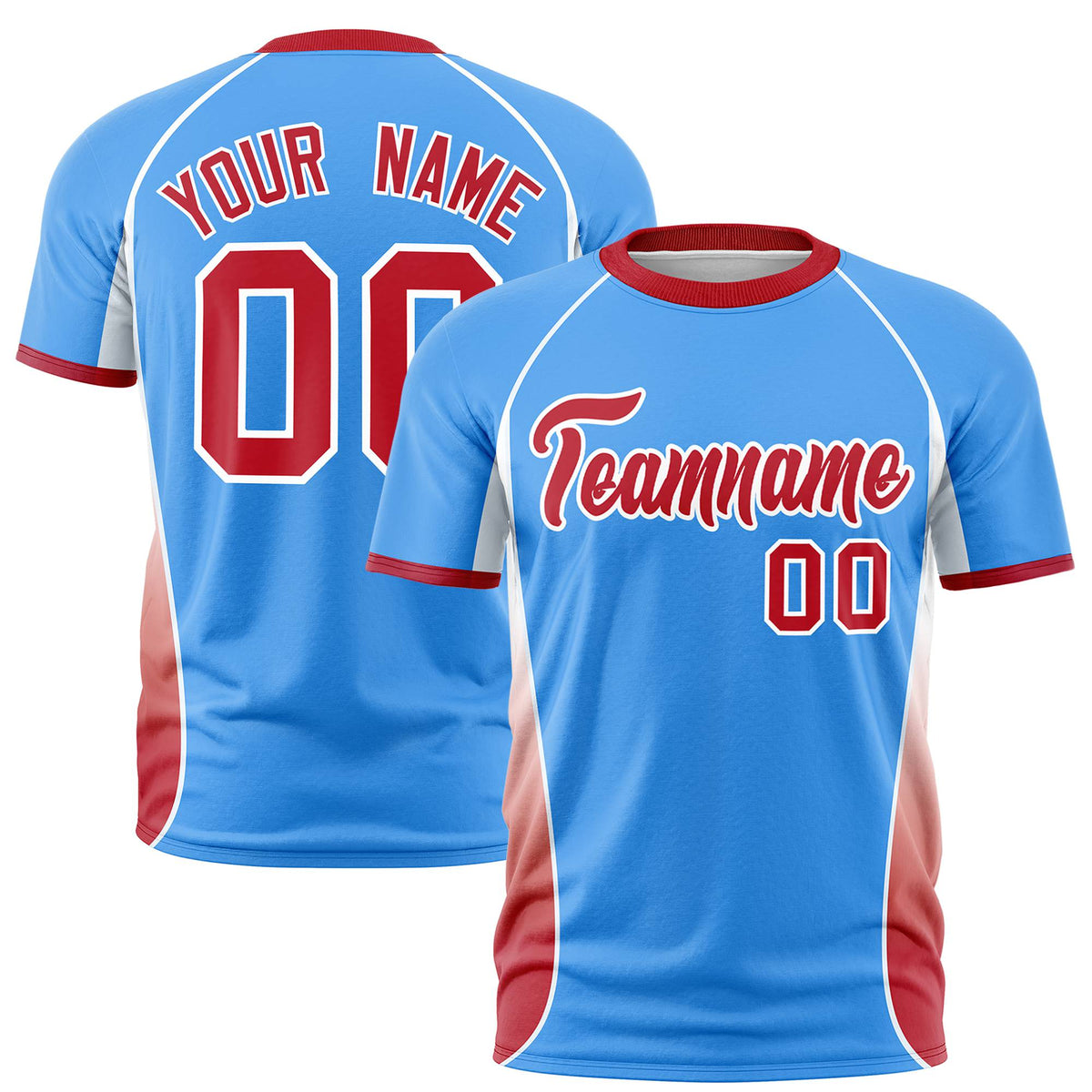 Custom Powder Blue White-Red Crew neck Side Gradient Fashion Performance T-Shirt