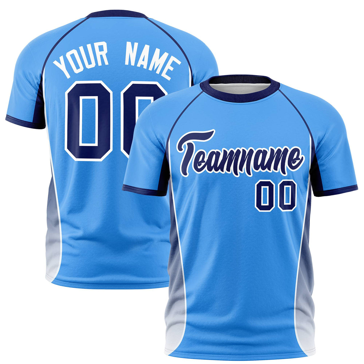 Custom Powder Blue Navy-White Crew neck Side Gradient Fashion Performance T-Shirt