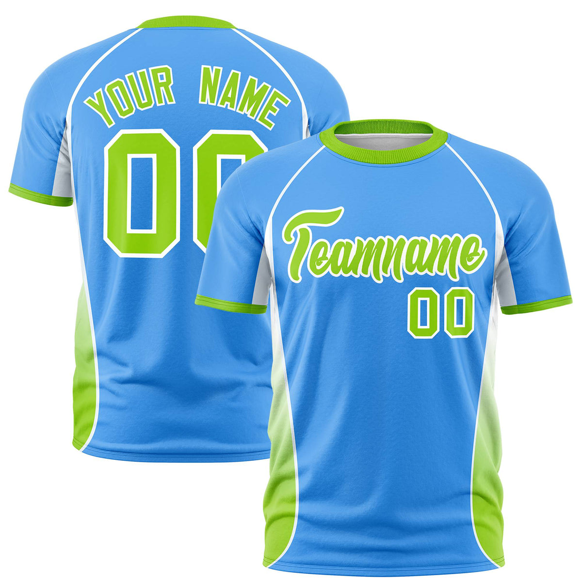 Custom Powder Blue White-Neon Green Crew neck Side Gradient Fashion Performance T-Shirt