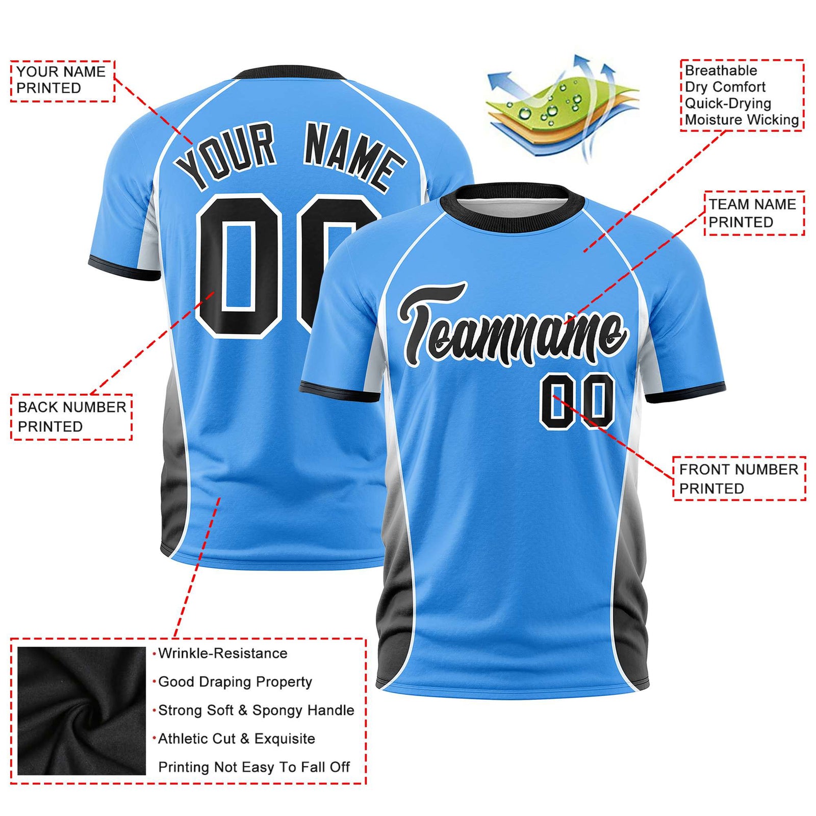 Custom Powder Blue White-Black Crew neck Side Gradient Fashion Performance T-Shirt