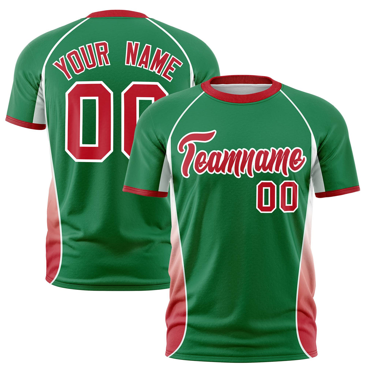 Custom Kelly Green White-Red Crew neck Side Gradient Fashion Performance T-Shirt