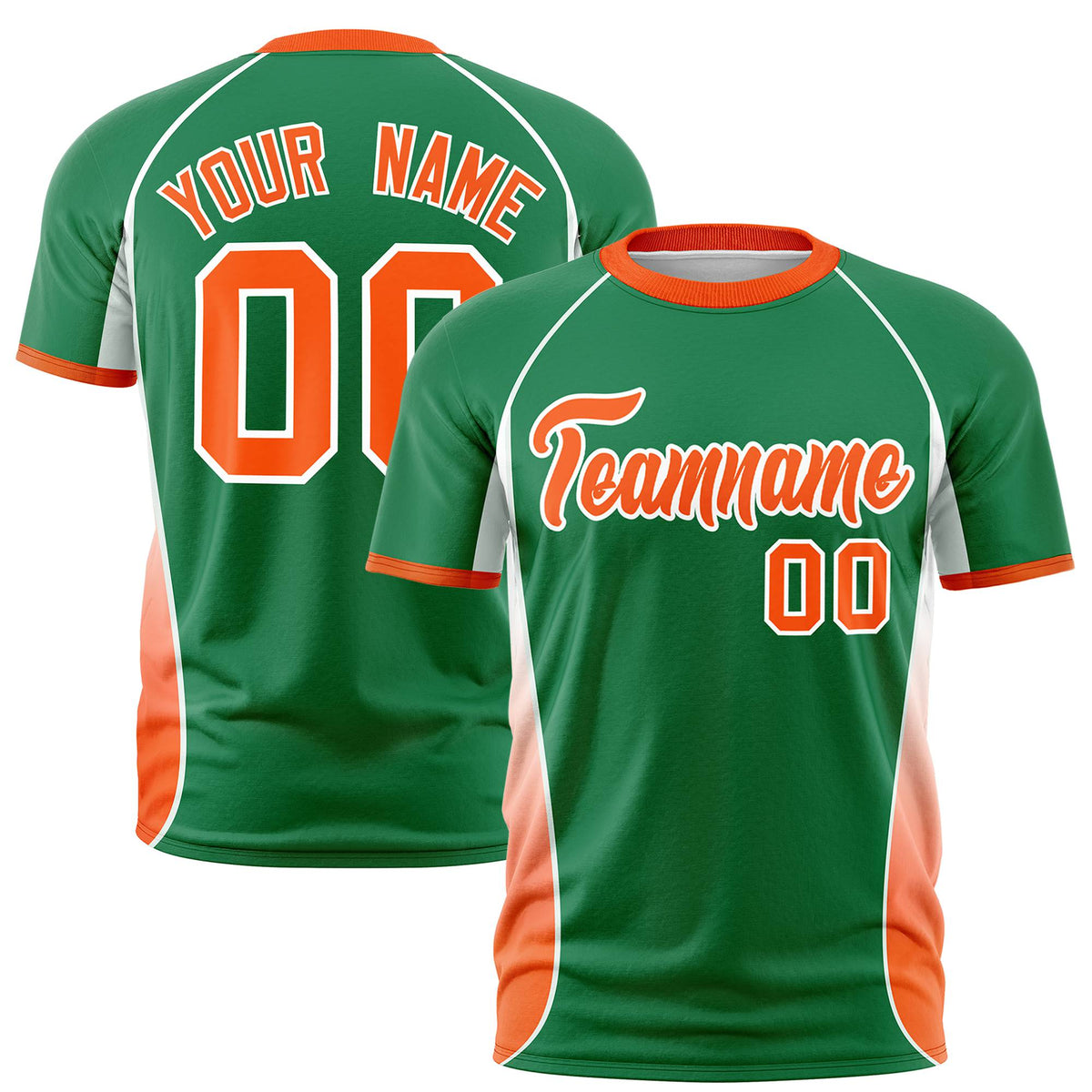 Custom Kelly Green White-Orange Crew neck Side Gradient Fashion Performance T-Shirt