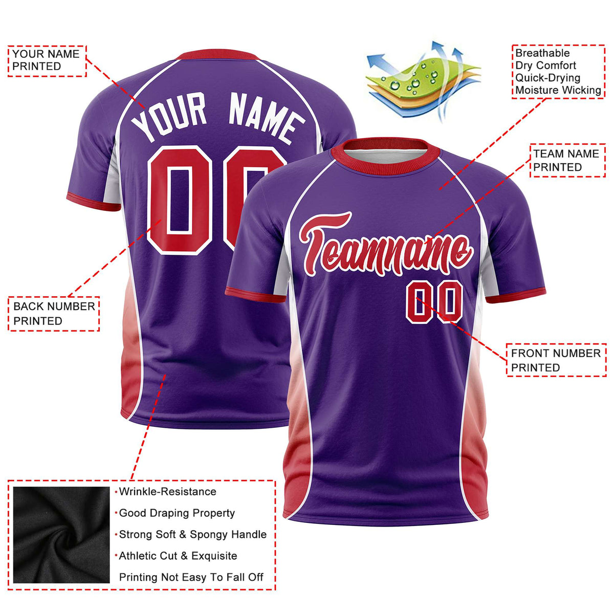 Custom Purple White-Red Crew neck Side Gradient Fashion Performance T-Shirt