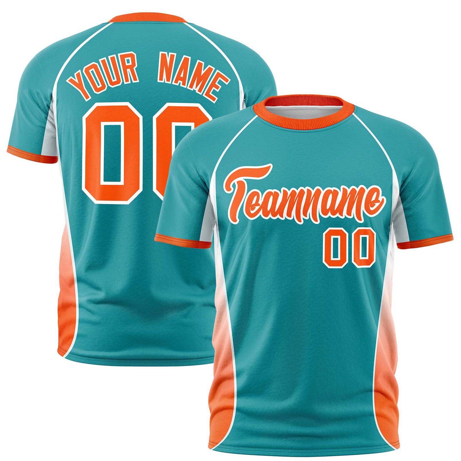 Custom Aqua White-Orange Crew neck Side Gradient Fashion Performance T-Shirt