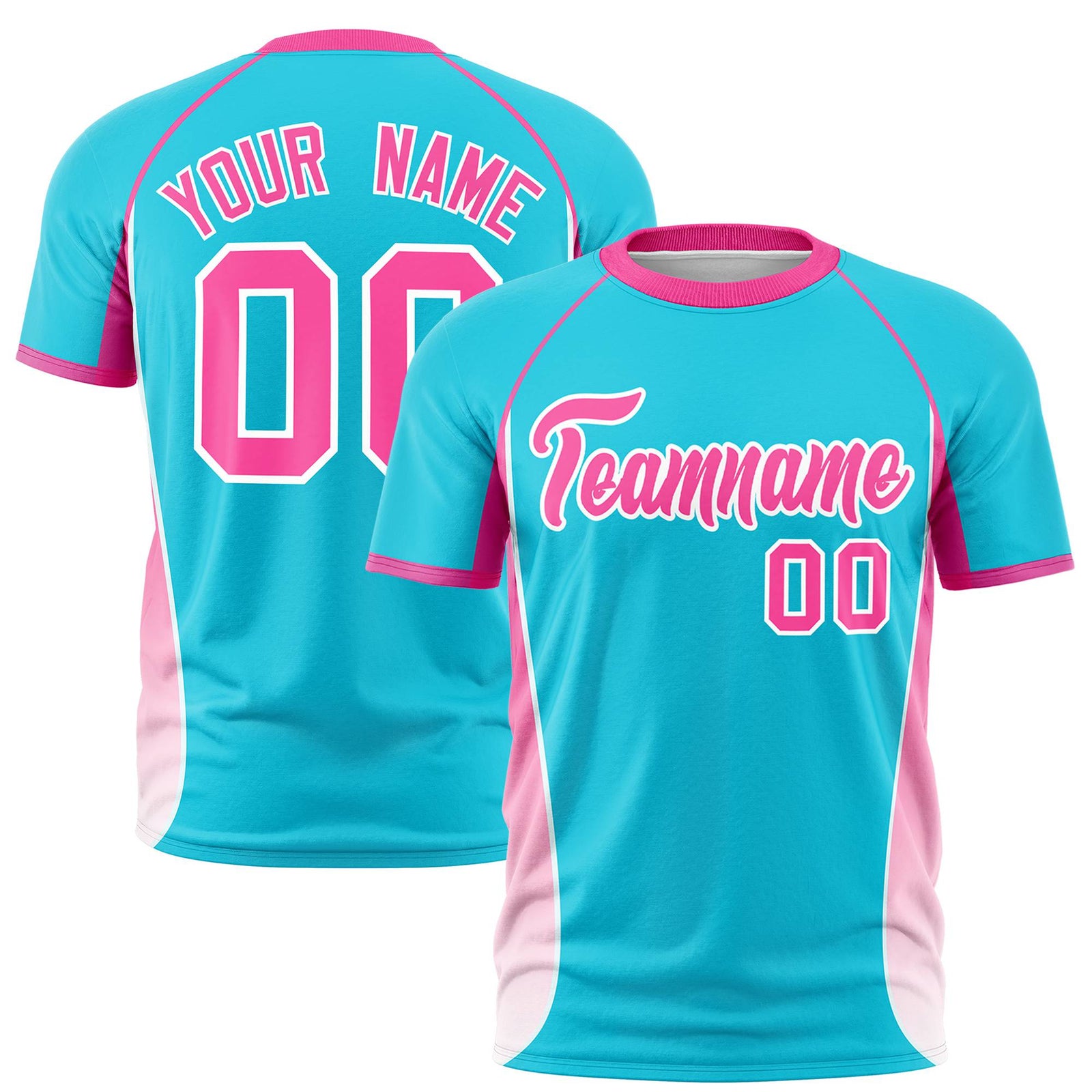 Custom Sky Blue Pink-White Crew neck Side Gradient Fashion Performance T-Shirt