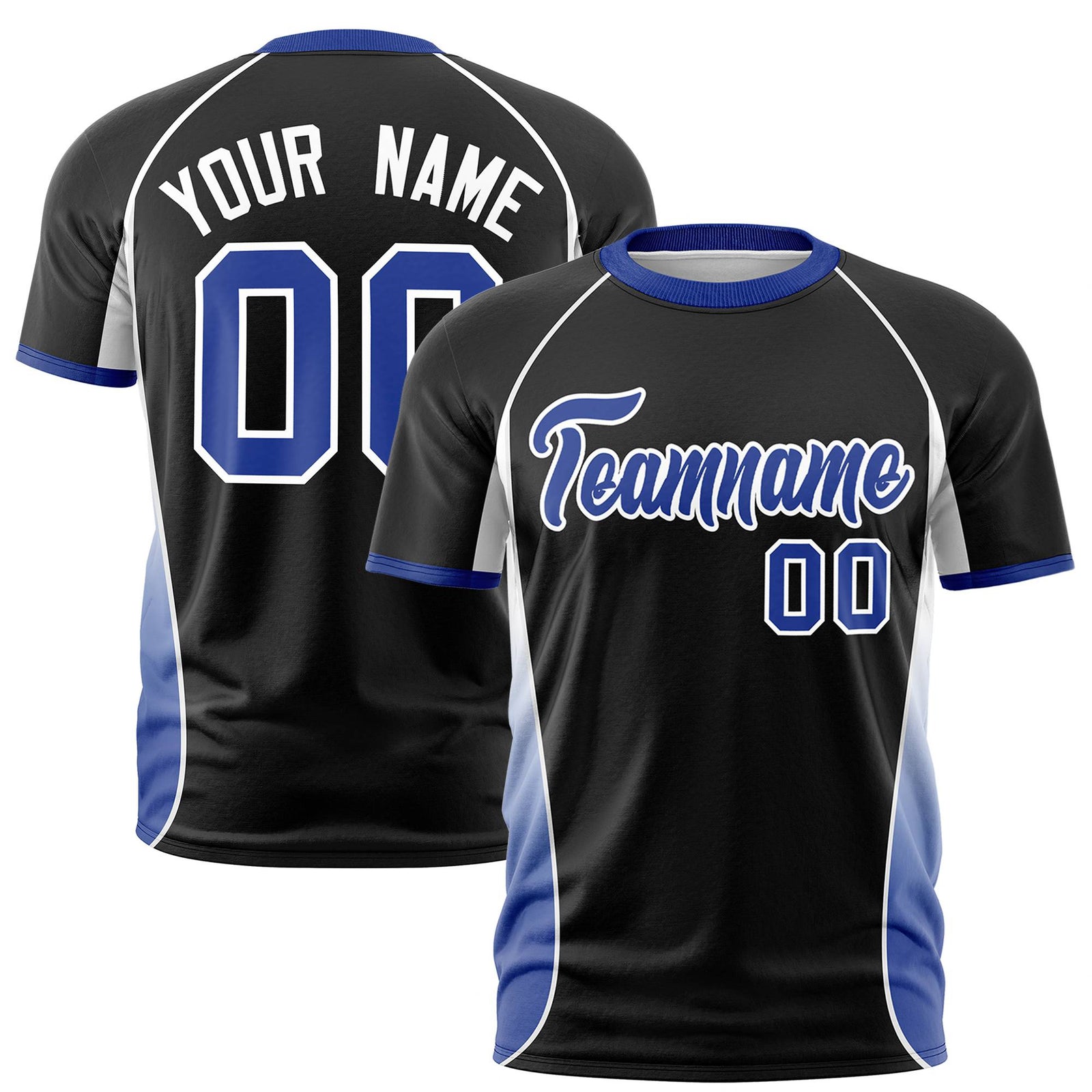 Custom Black White-Royal Blue Crew neck Side Gradient Fashion Performance T-Shirt