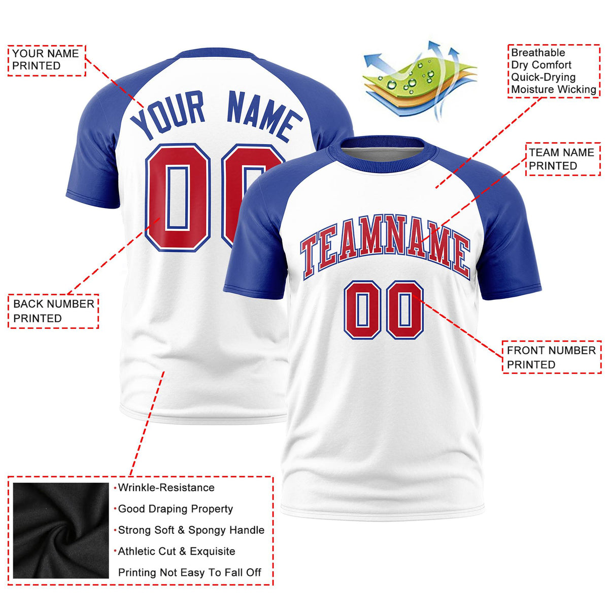 Custom White Royal Blue Raglan Sleeves Performance T-Shirt
