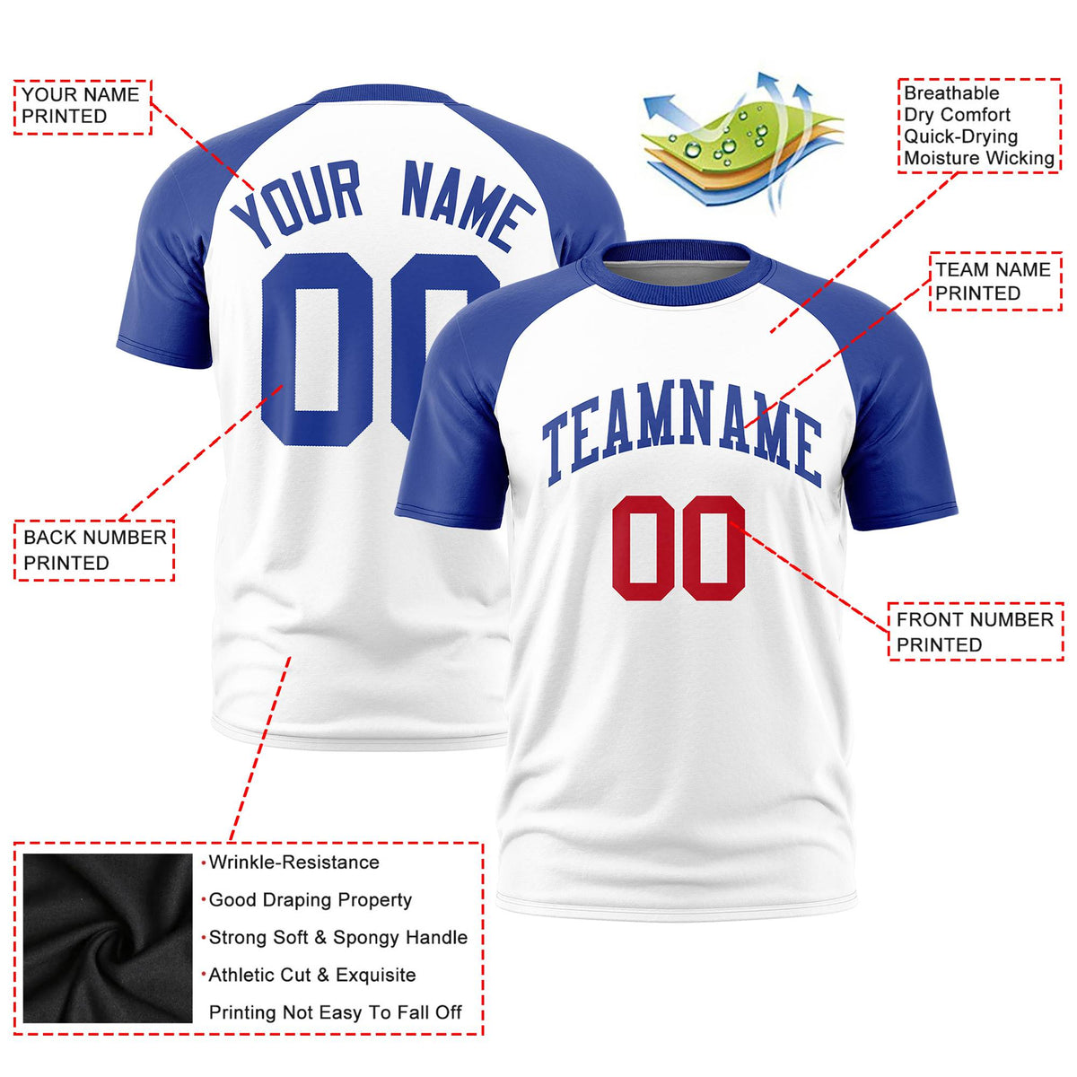 Custom White Royal Blue Raglan Sleeves Performance T-Shirt