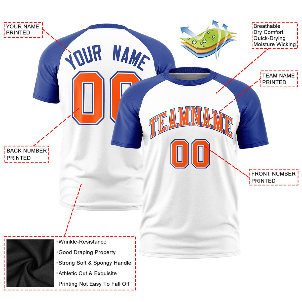 Custom White Royal Blue Raglan Sleeves Performance T-Shirt