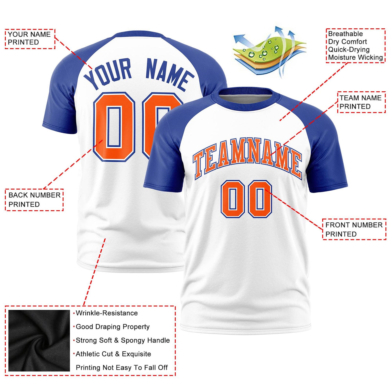 Custom White Royal Blue Raglan Sleeves Performance T-Shirt