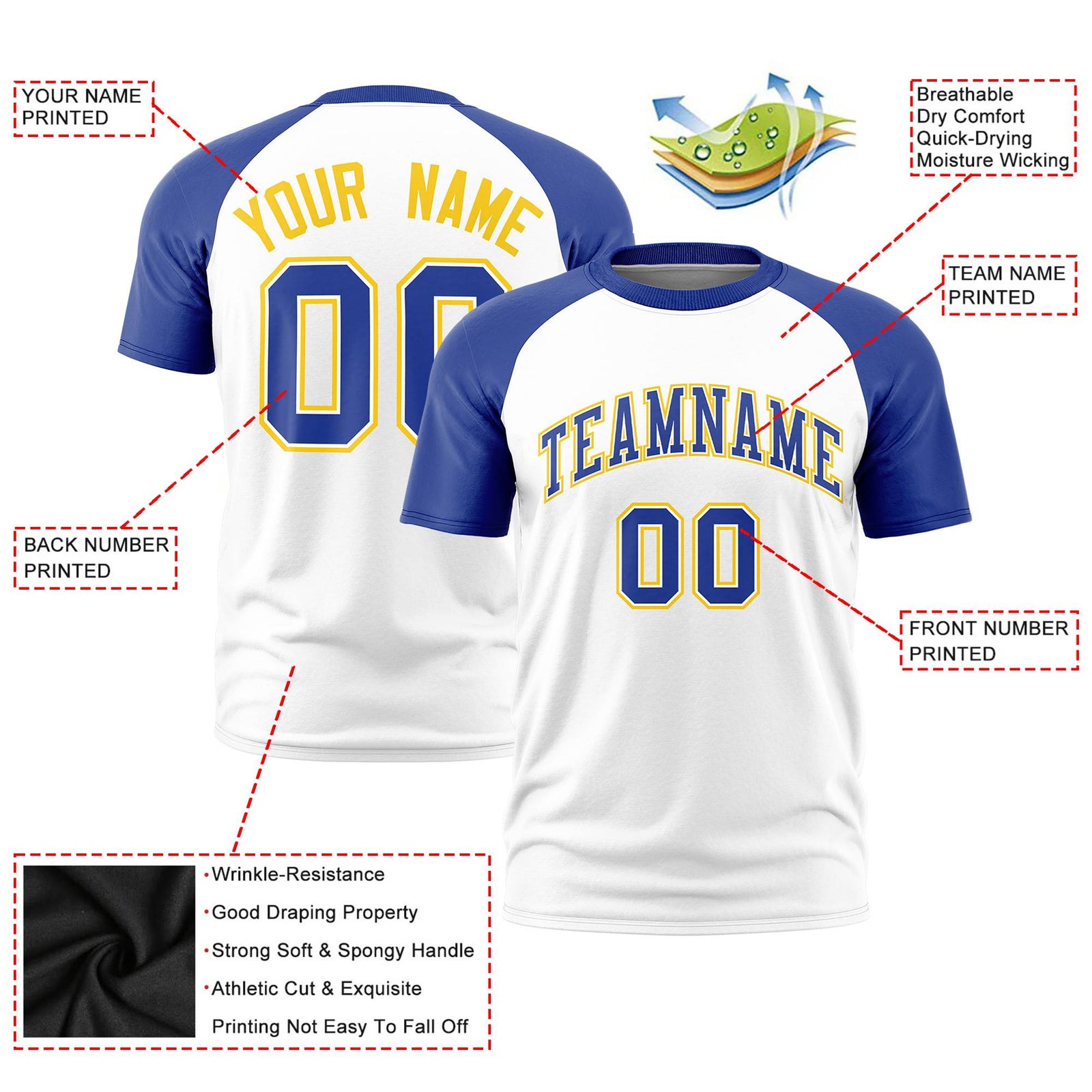 Custom White Royal Blue Raglan Sleeves Performance T-Shirt