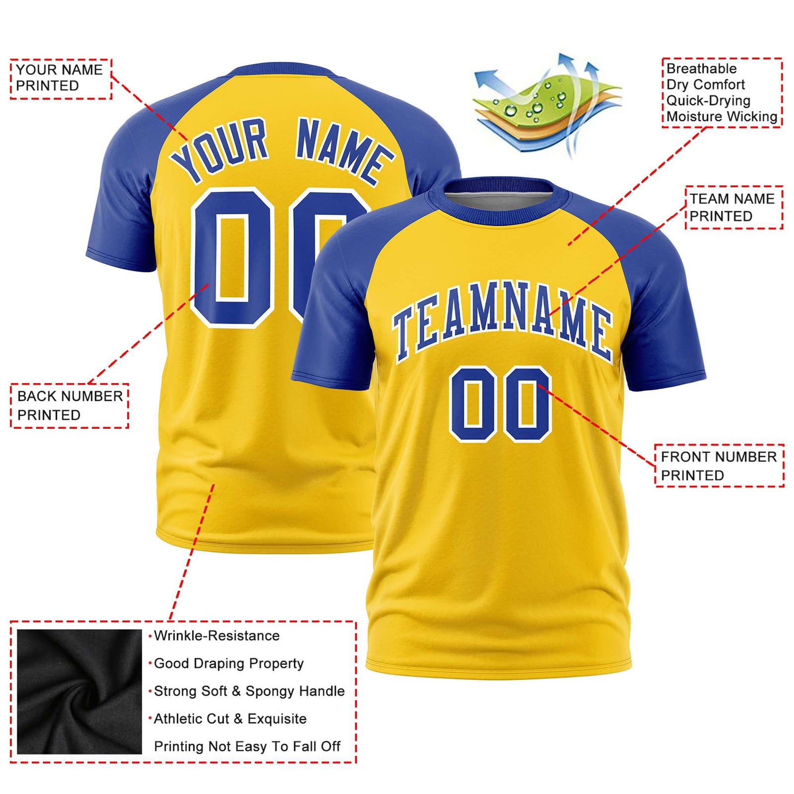Custom Yellow Royal Blue Raglan Sleeves Performance T-Shirt