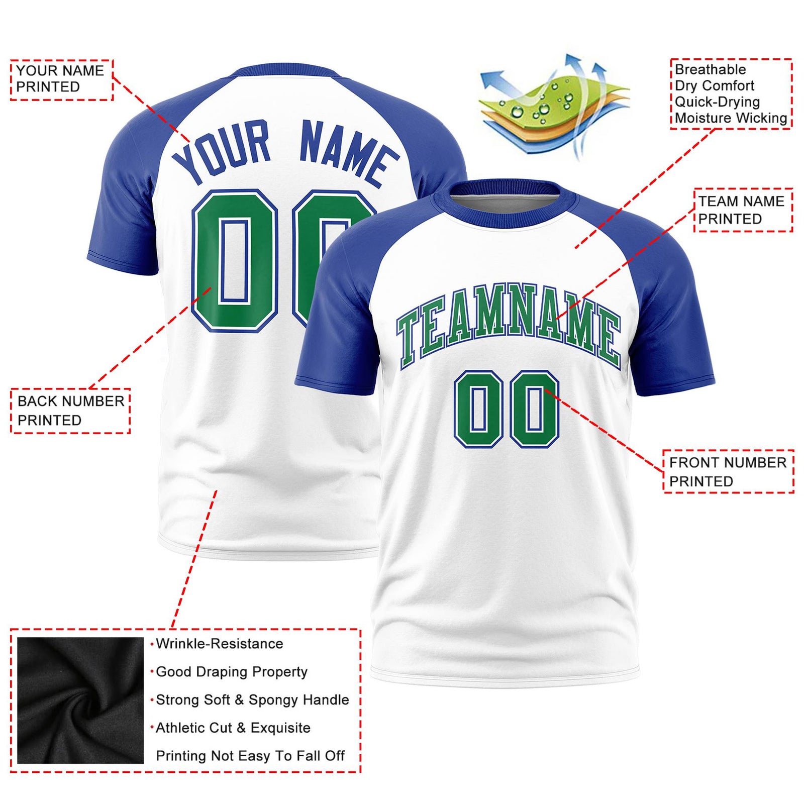 Custom White Royal Blue Raglan Sleeves Performance T-Shirt