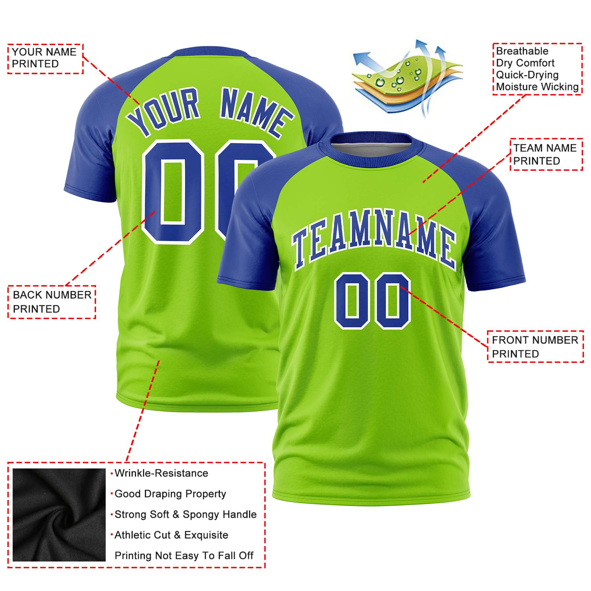 Custom Neon Green-Royal Blue Raglan Sleeves Performance T-Shirt