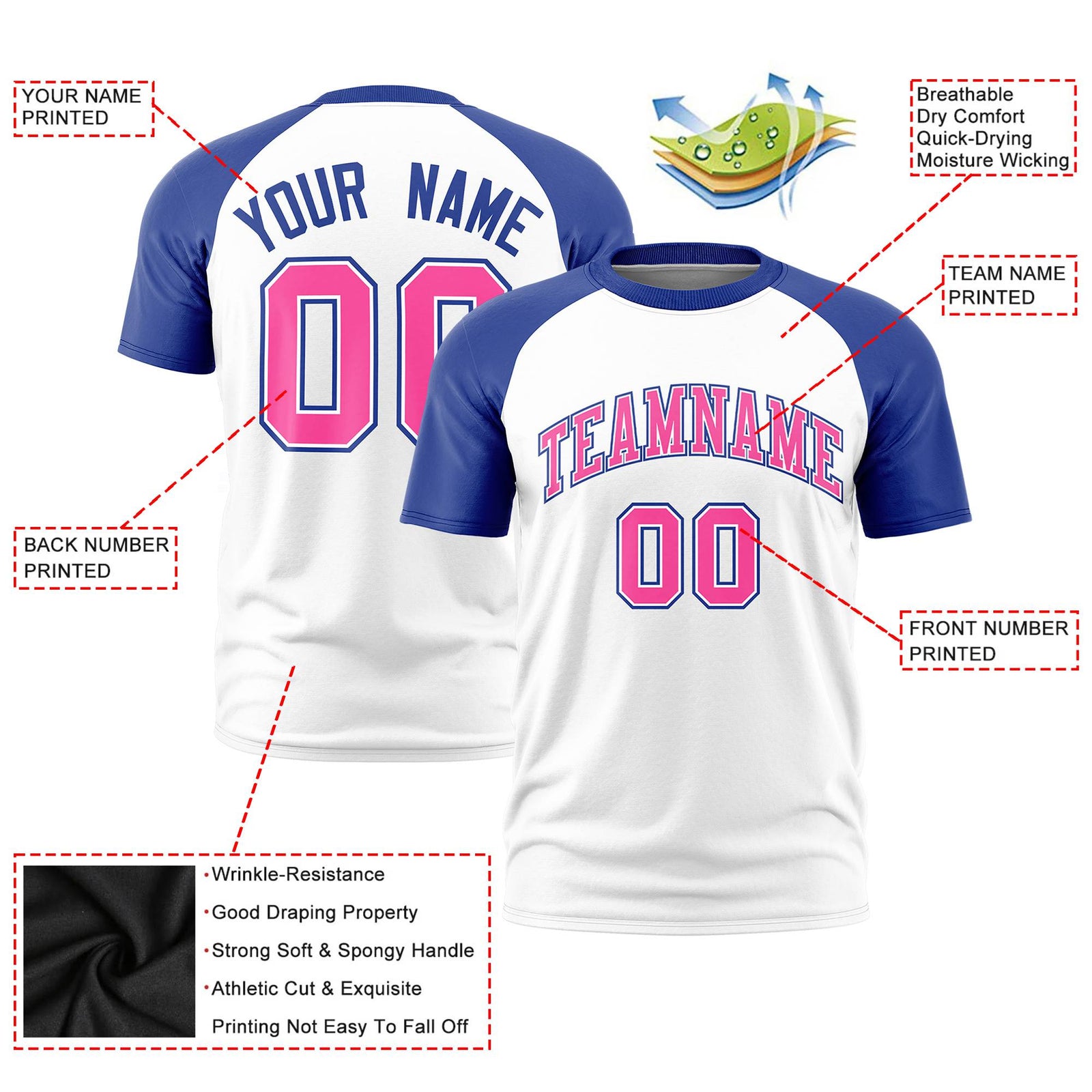 Custom White Royal Blue Raglan Sleeves Performance T-Shirt