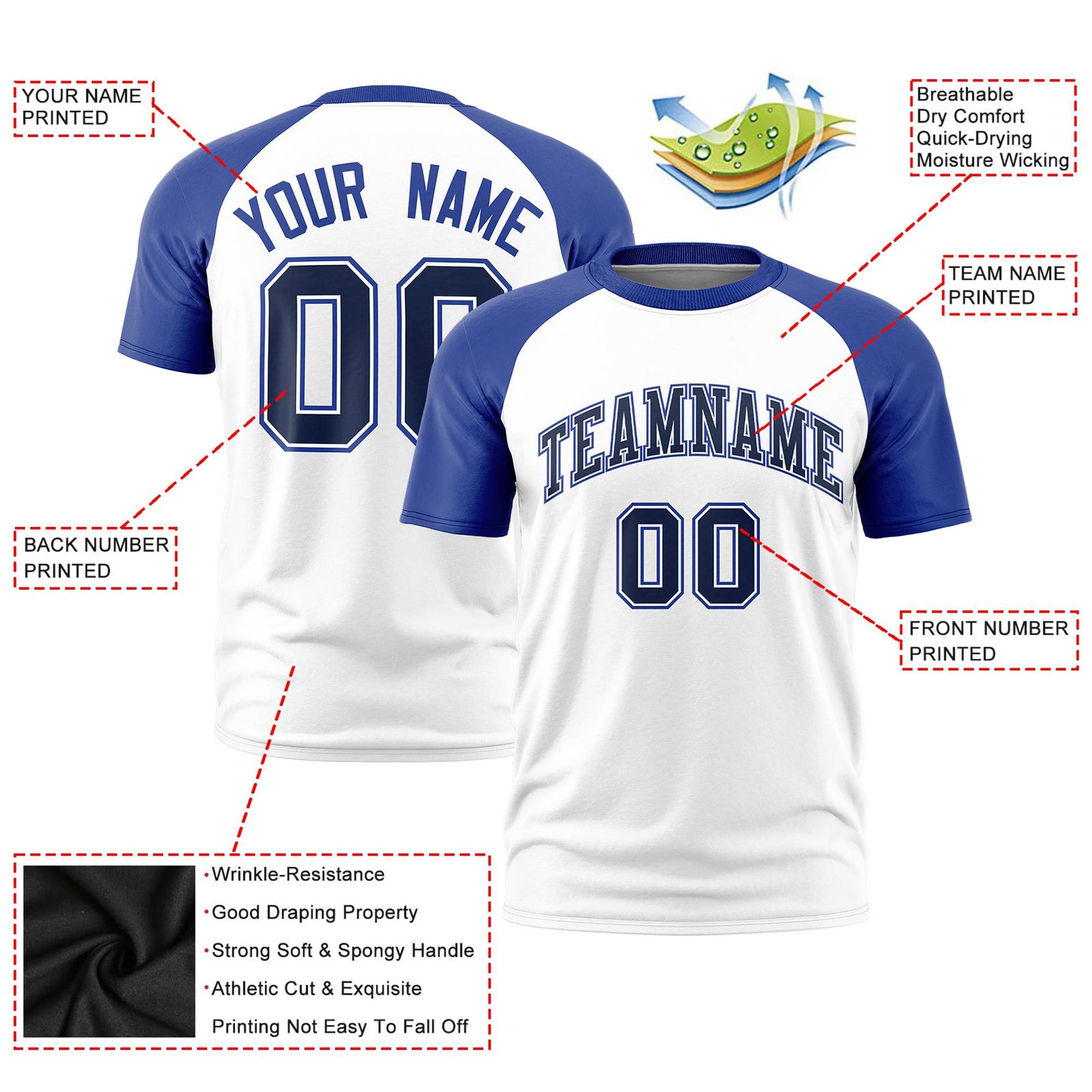 Custom White Royal Blue Raglan Sleeves Performance T-Shirt