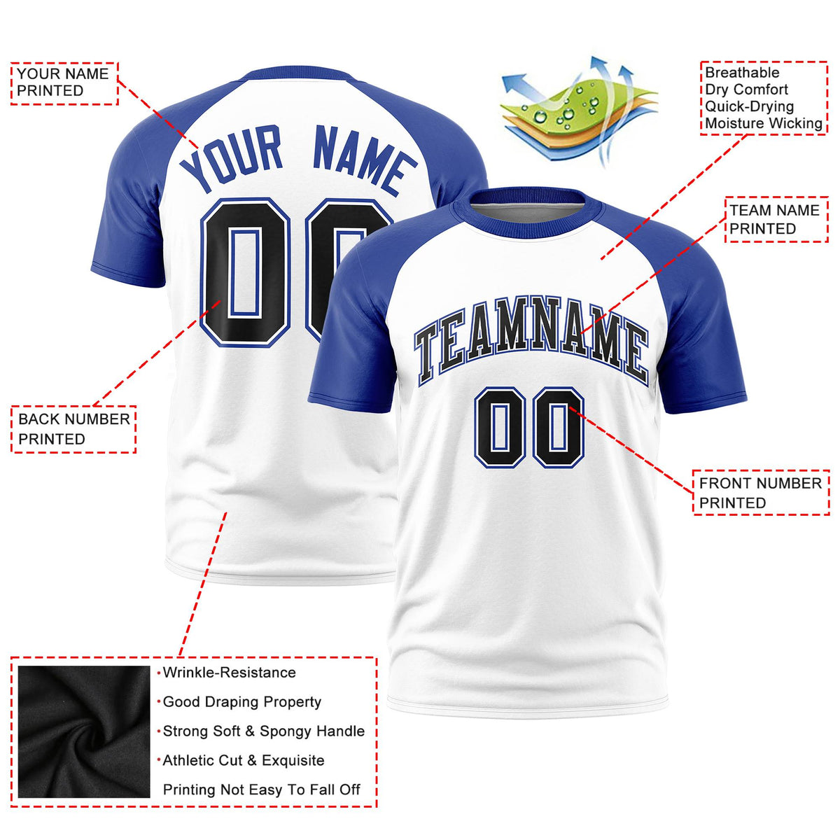 Custom White Royal Blue Raglan Sleeves Performance T-Shirt