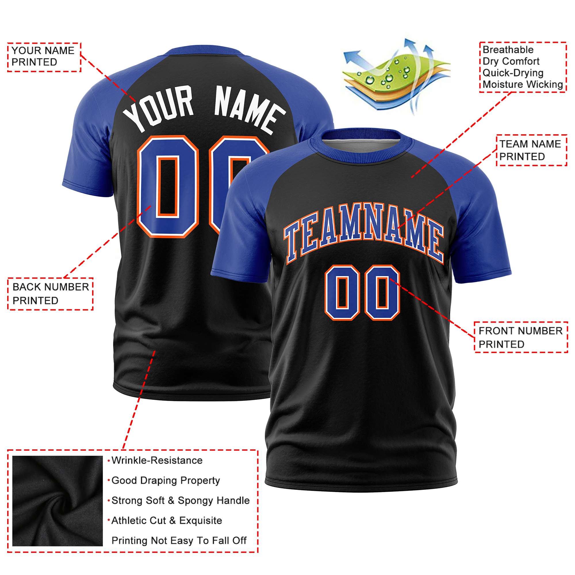 Custom Black Royal Blue Raglan Sleeves Performance T-Shirt