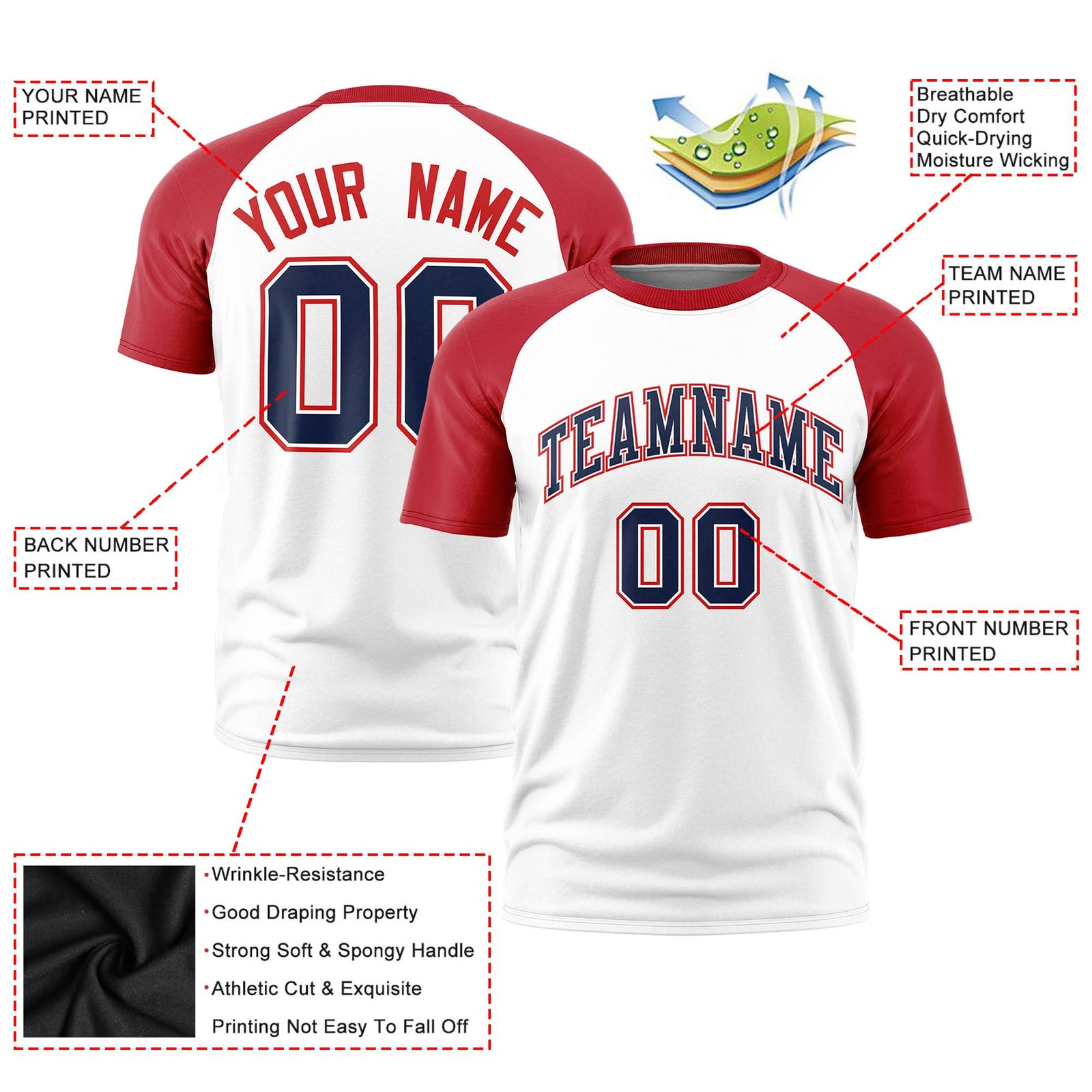 Custom White Red Raglan Sleeves Performance T-Shirt