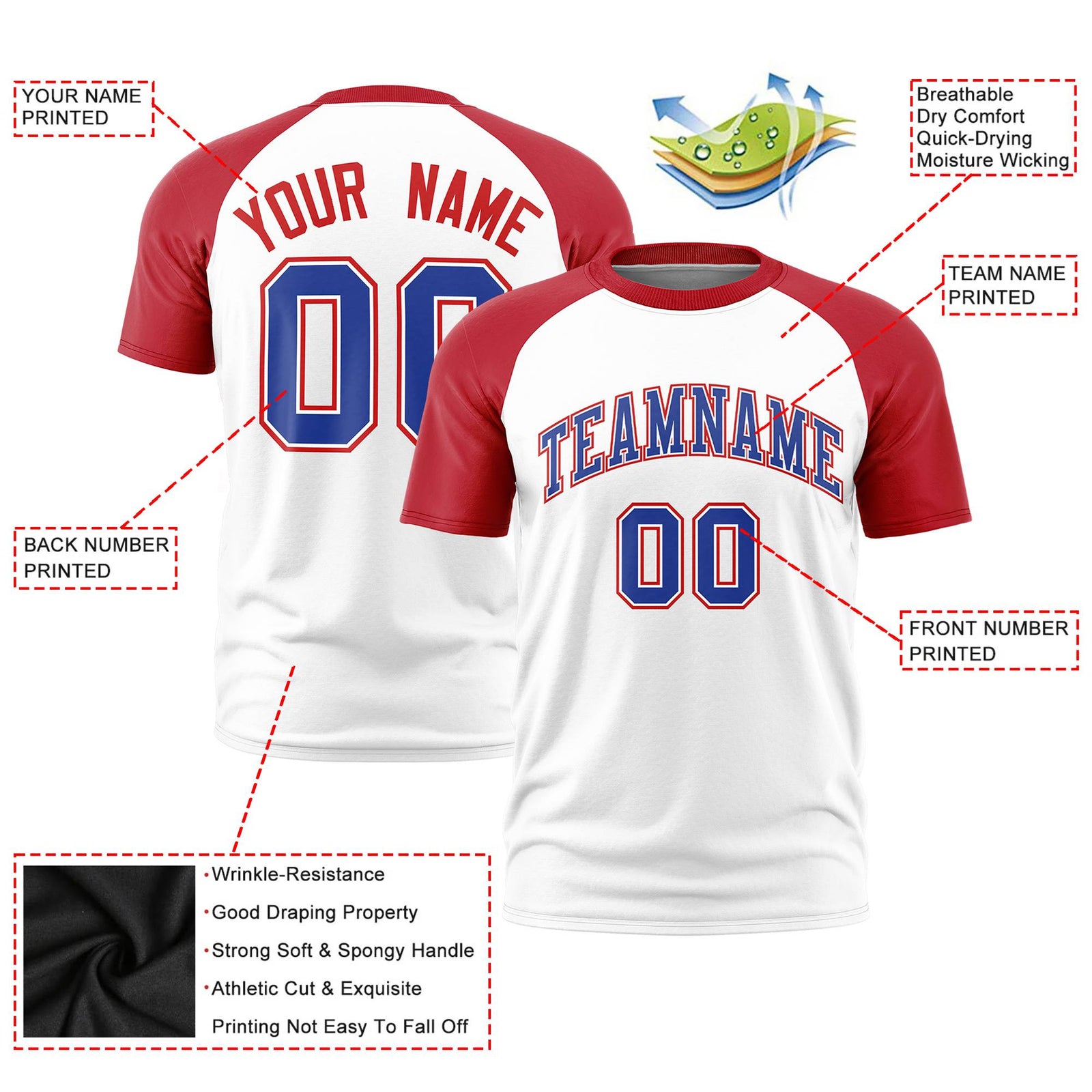 Custom White Red Raglan Sleeves Performance T-Shirt