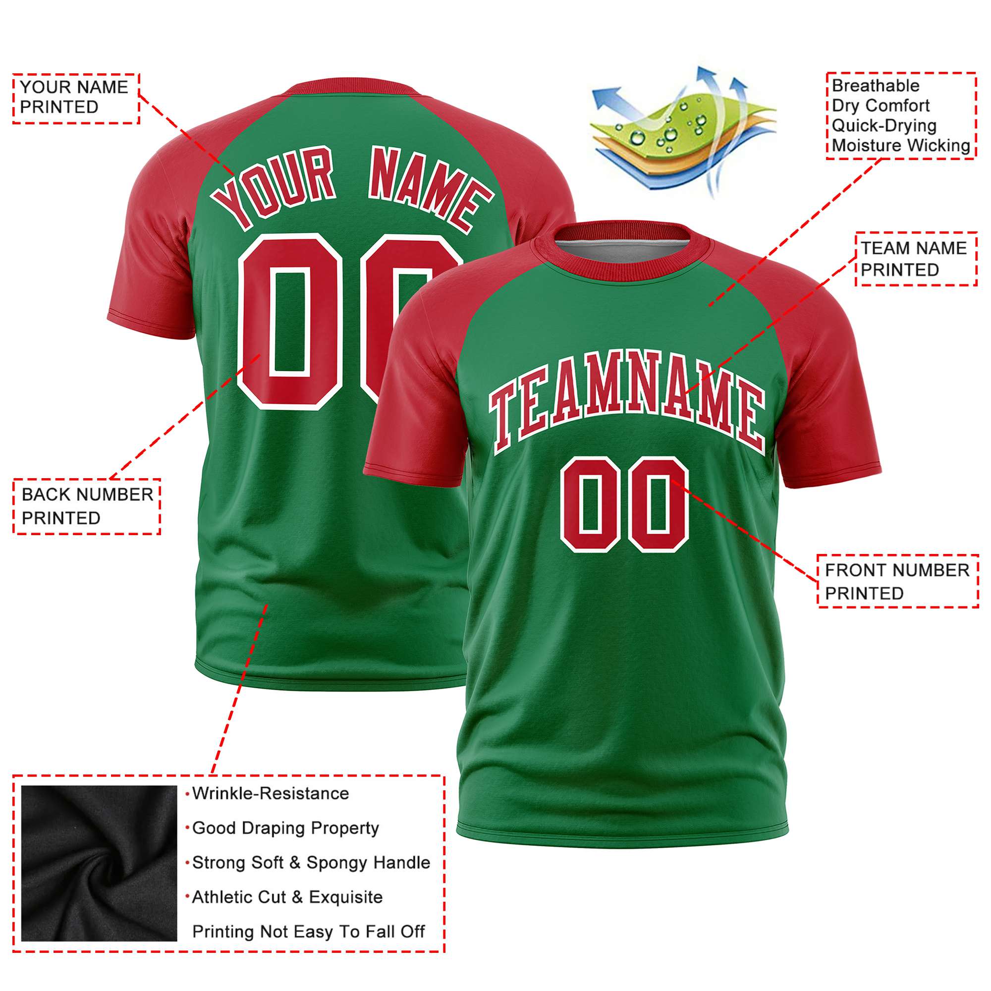 Custom Kelly Green Red Raglan Sleeves Performance T-Shirt