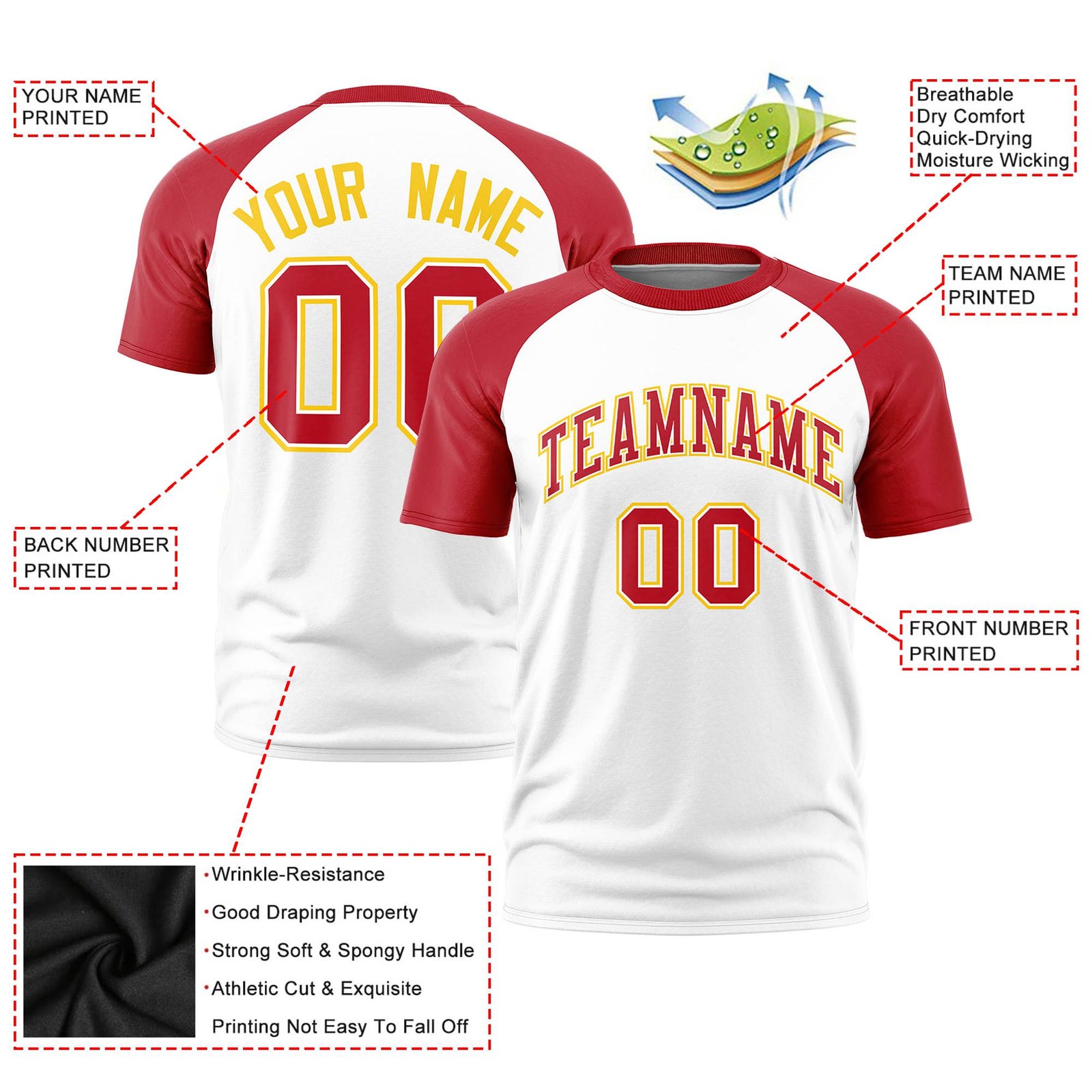Custom White Red Raglan Sleeves Performance T-Shirt