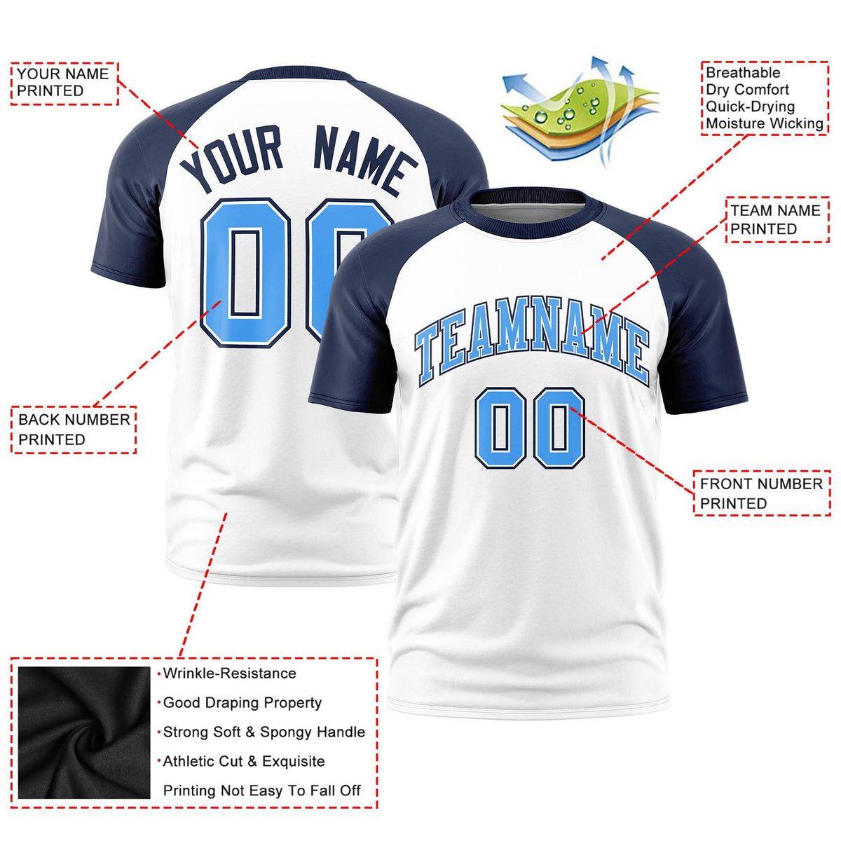Custom White Navy Raglan Sleeves Performance T-Shirt
