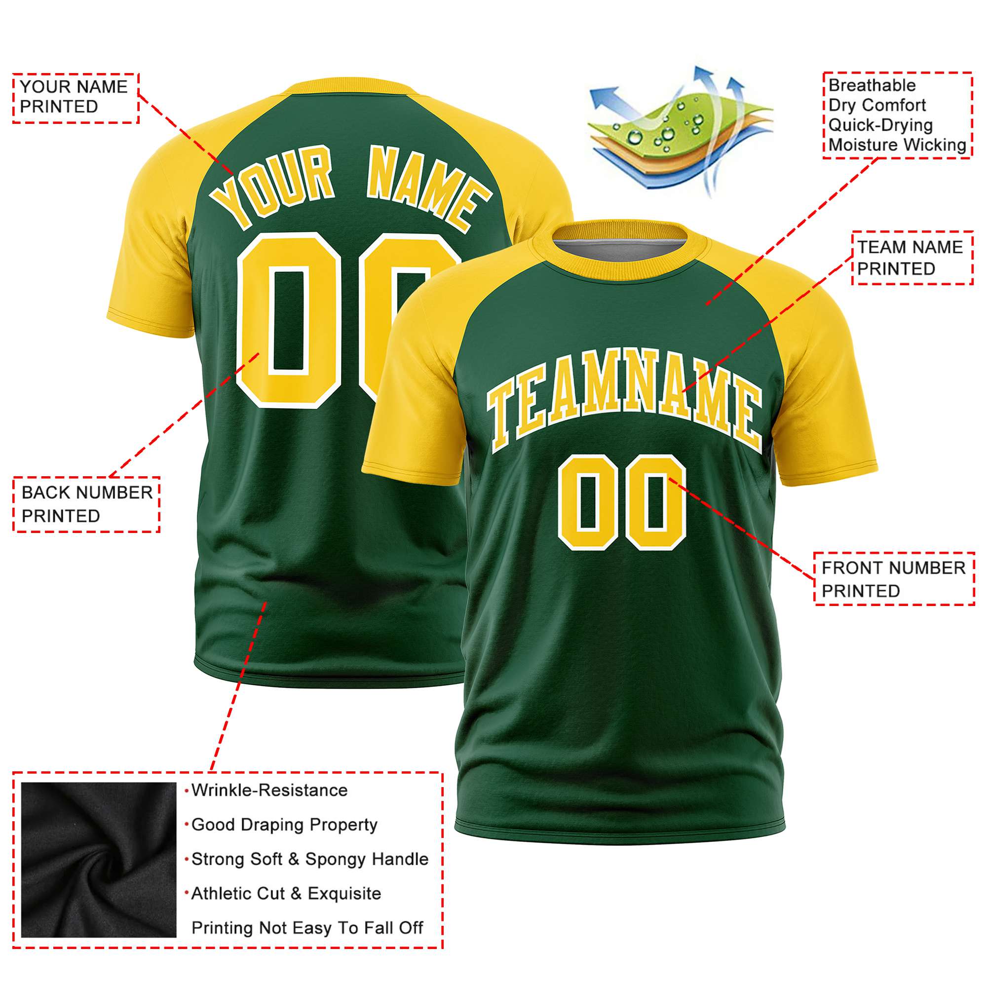 Custom Green Gold Raglan Sleeves Performance T-Shirt