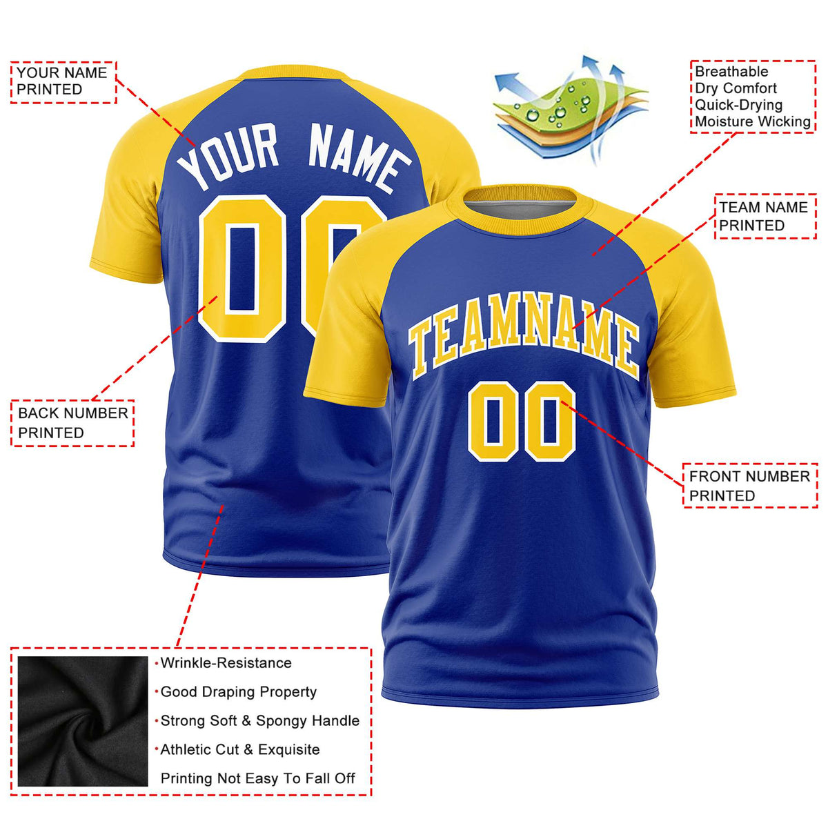 Custom Royal Blue Gold Raglan Sleeves Performance T-Shirt