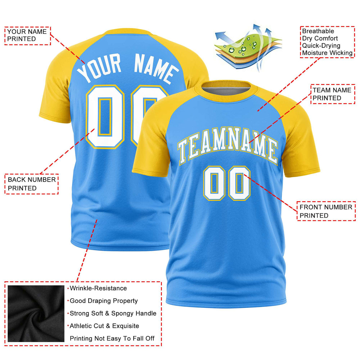 Custom Powder Blue Gold Raglan Sleeves Performance T-Shirt